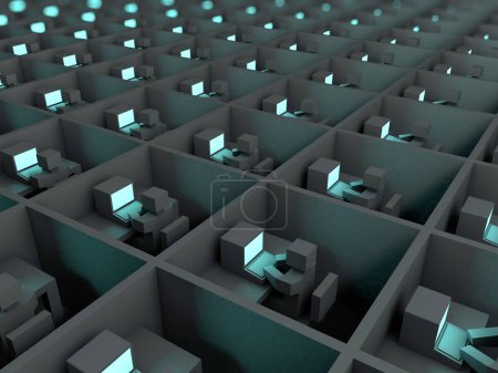 Téléchargez les photos : Une illustration de rendu 3D de petits espaces de travail, également divisés par des murs, des figurines assises et travaillant sur le PC, concept d'entreprise - en image libre de droit