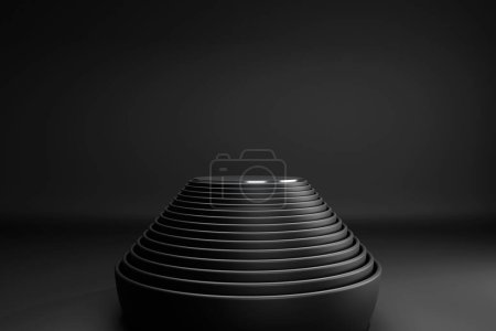 Téléchargez les photos : Une image d'une table ronde noire abstraite avec des couches et un centre brillant sur le fond noir. - en image libre de droit