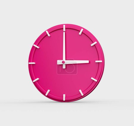 Foto de Una representación 3D de un reloj de pared rosa que muestra la hora 3 en punto aislado sobre un fondo blanco - Imagen libre de derechos