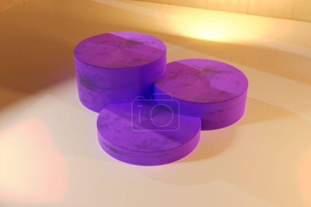 Photo for A 3D rendering of three purple platforms of various heights under bright lighting on a brown surface - Royalty Free Image