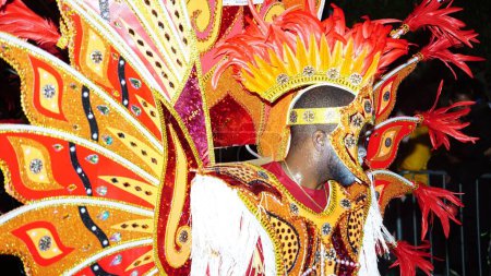 A man in a traditional costume during a Junkanoo parade in the Bahamas.