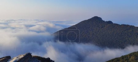 Photo for A panoramic view of the mist covered mountains and rocks - Royalty Free Image