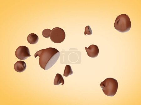 Téléchargez les photos : Un rendu 3D de pépites de chocolat brun sur fond jaune - en image libre de droit
