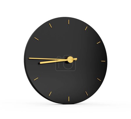 Téléchargez les photos : Illustration 3D de l'horloge noire sur fond blanc, avec des aiguilles d'horloge dorées montrant huit quarante-cinq heures - en image libre de droit