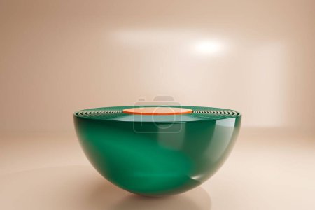 Foto de Imagen de una mesa redonda verde abstracta con un centro redondo naranja sobre fondo marrón. - Imagen libre de derechos