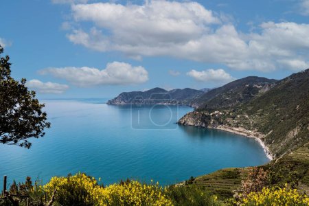 Foto de Una toma aérea horizontal de las verdes colinas y el azul del mar de Cinque Terre bajo el cielo azul de Italia - Imagen libre de derechos