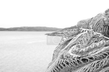 Photo for A grayscale of a fishing net against a lake and land seen in the distance - Royalty Free Image