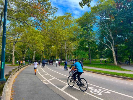 Téléchargez les photos : Les gens font du jogging et du vélo dans le Central Park de New York, qui est rempli d'arbres verts à l'automne - en image libre de droit