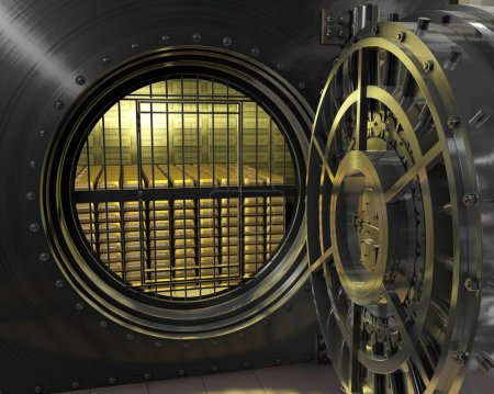 Foto de Una ilustración en 3D de la puerta de la bóveda de un banco en el almacén de lingotes de oro con luces encendidas - Imagen libre de derechos
