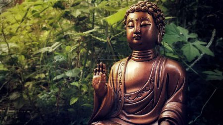 Foto de Una estatua de buda marrón en meditación en el bosque con plantas verdes en el fondo - Imagen libre de derechos