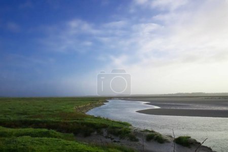 Téléchargez les photos : Une rivière qui coule entourée de champs de verdure - en image libre de droit