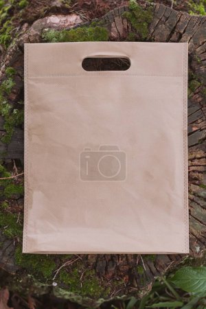 Téléchargez les photos : Plan vertical d'un sac de transport à fond plat, avec spcae pour texte, sur un tronc d'arbre coupé - en image libre de droit