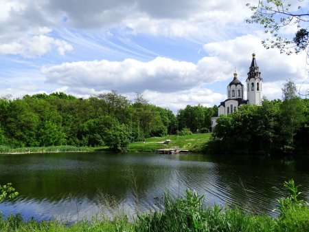Foto de Un hermoso plano de una catedral junto a un estanque rodeado de vegetación verde - Imagen libre de derechos