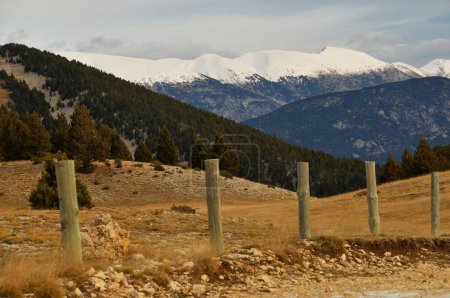 Téléchargez les photos : La rangée de poteaux en bois sur fond de montagnes enneigées. - en image libre de droit