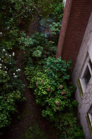 Foto de Un hermoso jardín con arbustos de flores junto a una pared de ladrillo - Imagen libre de derechos