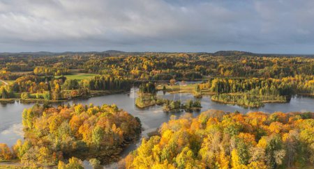 Téléchargez les photos : Une antenne du magnifique lac entouré par la forêt colorée lors d'une sombre journée d'automne en Estonie - en image libre de droit