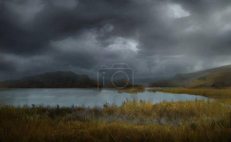 Photo for A hyper-realistic illustration of a lake surrounded with green grass under gray cloudy sky - Royalty Free Image