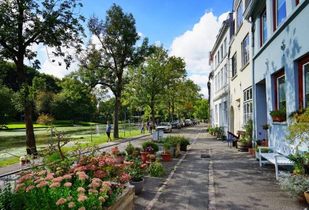Téléchargez les photos : Un plan urbain de bâtiments traditionnels et d'arbres à feuilles persistantes lors d'une journée d'été à Lubeck, en Allemagne - en image libre de droit