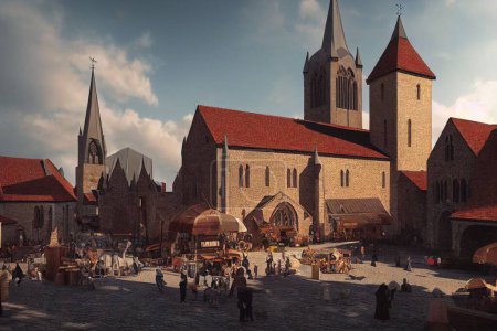 Téléchargez les photos : Un centre-ville médiéval imaginaire avec une église et un marché - en image libre de droit