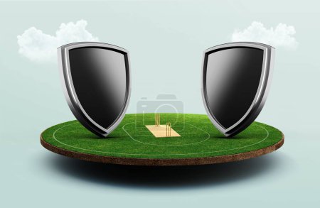 Photo for A 3D illustration of stadium of Cricket with shield emblem on pitch and VS versus - Royalty Free Image