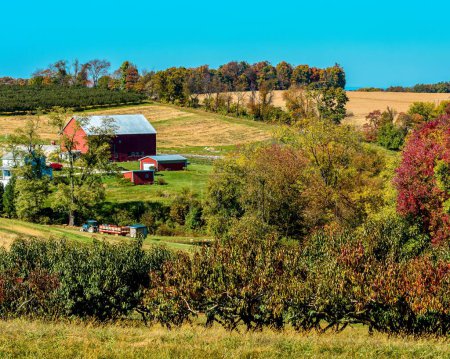 Téléchargez les photos : Plusieurs fermes dans une ferme entourée de verdure par une journée ensoleillée en Pennsylvanie - en image libre de droit