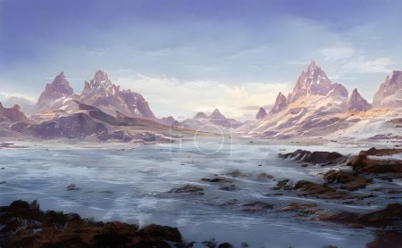 A hyper-realistic illustration of a lake with snowy mountains in background