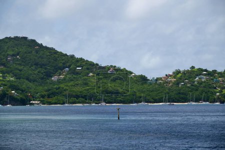 Téléchargez les photos : Une vue paysage sur la mer avec des maisons dans les collines verdoyantes sur la plage - en image libre de droit