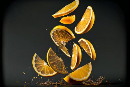 Téléchargez les photos : Un gros plan des tranches de citron et un éclaboussure de jus isolé sur un fond sombre - bon pour le jus de fruits - en image libre de droit