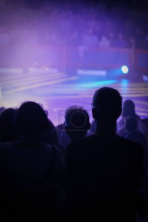 Foto de Un plano vertical de los espectadores en un circo con luces púrpura en el fondo - Imagen libre de derechos