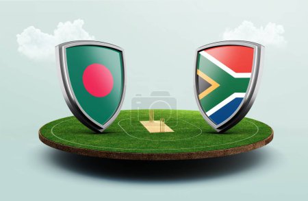 Téléchargez les photos : Un rendu 3D des icônes du drapeau Bangladesh vs Afrique du Sud sur un terrain de cricket rond vert - en image libre de droit