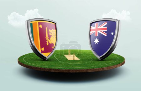 Photo for The 3d rendering of Sri Lanka vs Australia cricket flags on shields in the stadium - Royalty Free Image