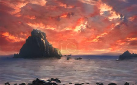 Téléchargez les photos : Illustration d'un paysage marin avec des falaises dans l'eau sous un ciel rouge et nuageux - en image libre de droit