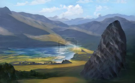 A hyper-realistic illustration of a mountainous landscape with a lake in sunlight