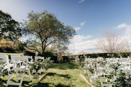 Téléchargez les photos : Un gros plan de chaises blanches dans la forêt par une journée ensoleillée - en image libre de droit