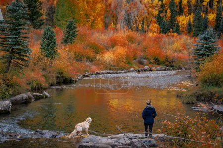 Foto de Una mujer con su perro en las rocas de un río en otoño. - Imagen libre de derechos