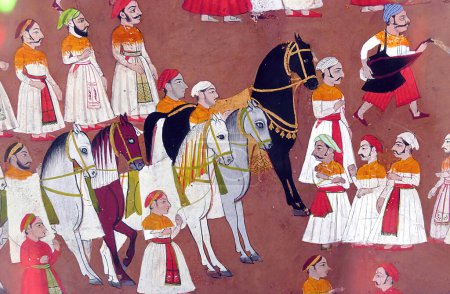Foto de Un viejo mural indio guerreros masculinos con caballos aislados sobre un fondo vacío - Imagen libre de derechos
