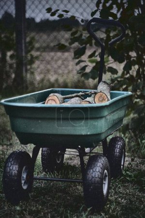 Photo for A vertical shot of a blue cart filled with wooden logs found in the countryside - Royalty Free Image