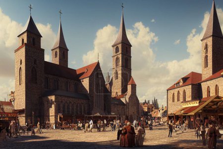 Téléchargez les photos : Un centre-ville médiéval imaginaire avec une église et un marché - en image libre de droit