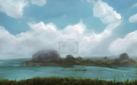 Foto de Una ilustración hiperrealista de islas rocosas en una bahía con cielo azul nublado en el fondo - Imagen libre de derechos