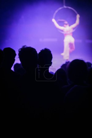 Foto de Una toma vertical de espectadores en un circo con acróbatas en el fondo - Imagen libre de derechos