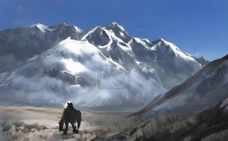 Photo for A hyper-realistic illustration of a walking cartoon figure with snowy mountains in background - Royalty Free Image