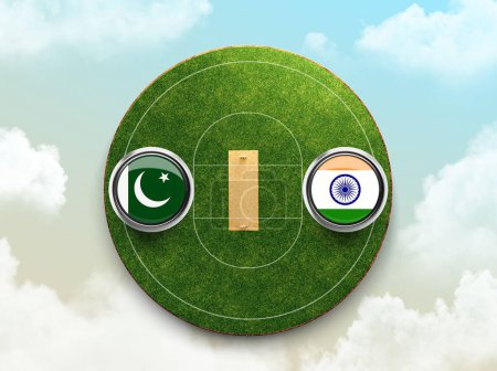 Téléchargez les photos : Une illustration 3D de l'Inde vs Pakistan drapeau de cricket avec badge bouton sur le stade - en image libre de droit