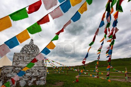 Téléchargez les photos : Drapeaux de prière colorés à côté d'un petit temple dans un champ vert à l'extérieur - en image libre de droit