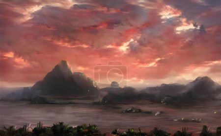 Téléchargez les photos : Illustration hyper réaliste d'îles rocheuses dans l'eau avec un ciel nuageux rose en arrière-plan - en image libre de droit