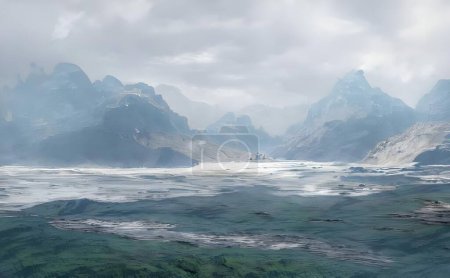 Photo for A hyper-realistic illustration of a sea with mountains in background under cloudy sky - Royalty Free Image