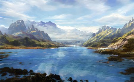 A hyper-realistic illustration of a river with mountains under blue cloudy sky