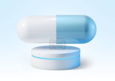 Photo for A 3D rendering of a white and blue pill above a podium on white background - Royalty Free Image