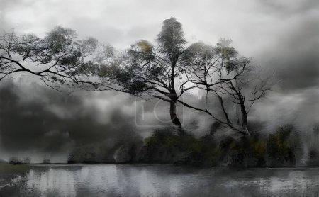 Foto de Una ilustración de un lago rodeado de árboles y arbustos bajo un cielo nublado - Imagen libre de derechos