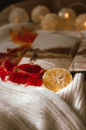 Téléchargez les photos : Une ambiance automnale avec un livre et un citron tranché sur un tissu tricoté - en image libre de droit