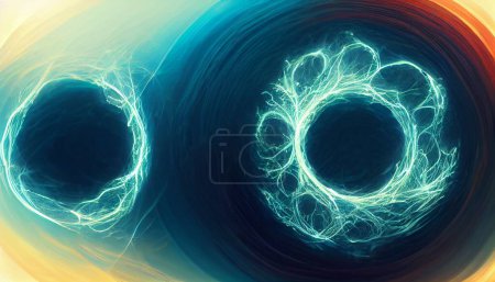 Photo for An illustration of futuristic glowing circles with atom models against a dark background - Royalty Free Image